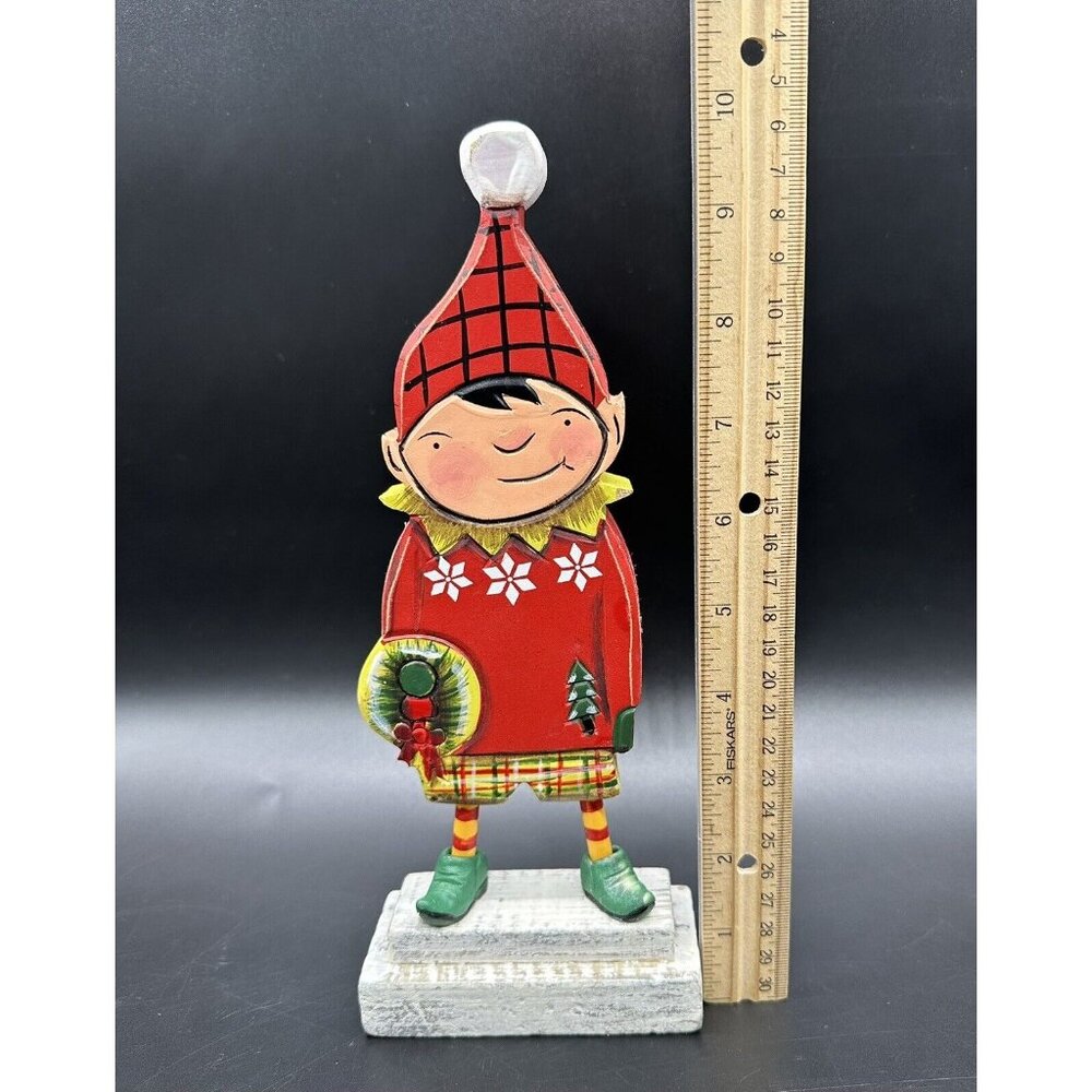 Christmas Elf Decoration Wood Figurine Laura Benge Freddy Wreath Pixie Kitsch - Picture 10 of 10